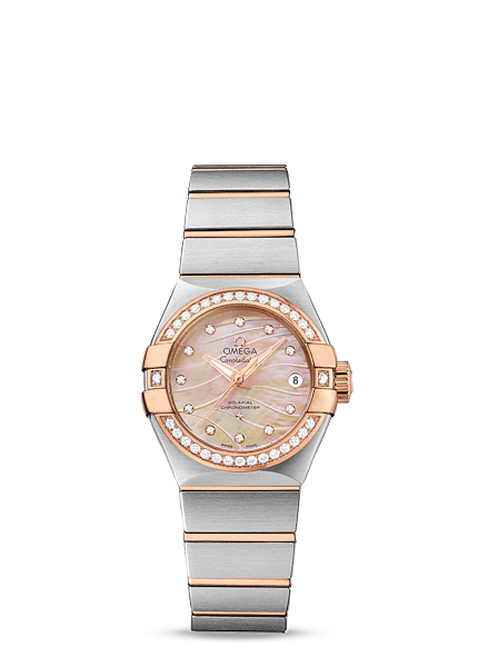 Omega Constellation 27mm Co-Axial Brushed Two Tone / Diamond Bezel / Brown MOP (123.25.27.20.57.003)