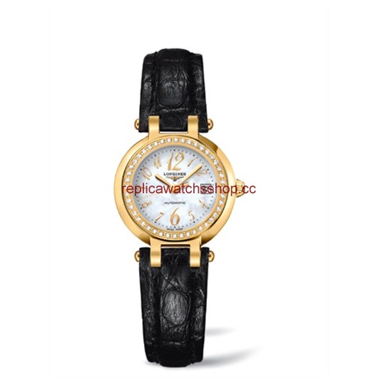 Longines PrimaLuna Automatic 26.5 Yellow Gold Diamond Leather Funky MOP (L8.111.7.83.2)